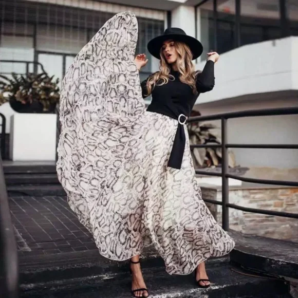 Snakeskin Animal Print Chiffon Sheer Maxi Skirt - Picture 3 of 10